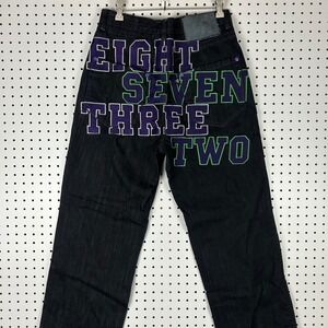 Eight 732 Black Denim Baggy Hip Hop Jeans Embroidered 32x30 Y2K Streetwear Cyber